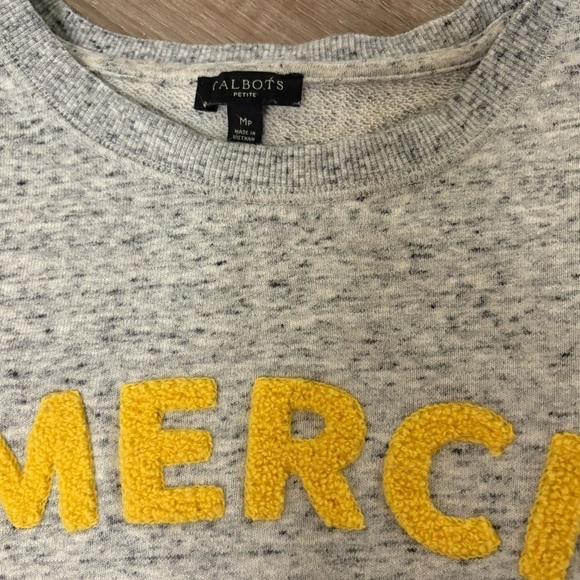 Talbots Gray Terry Sweater with Yellow 'MERCI' Women’s Size Medium Petite Preppy - Picture 2 of 8